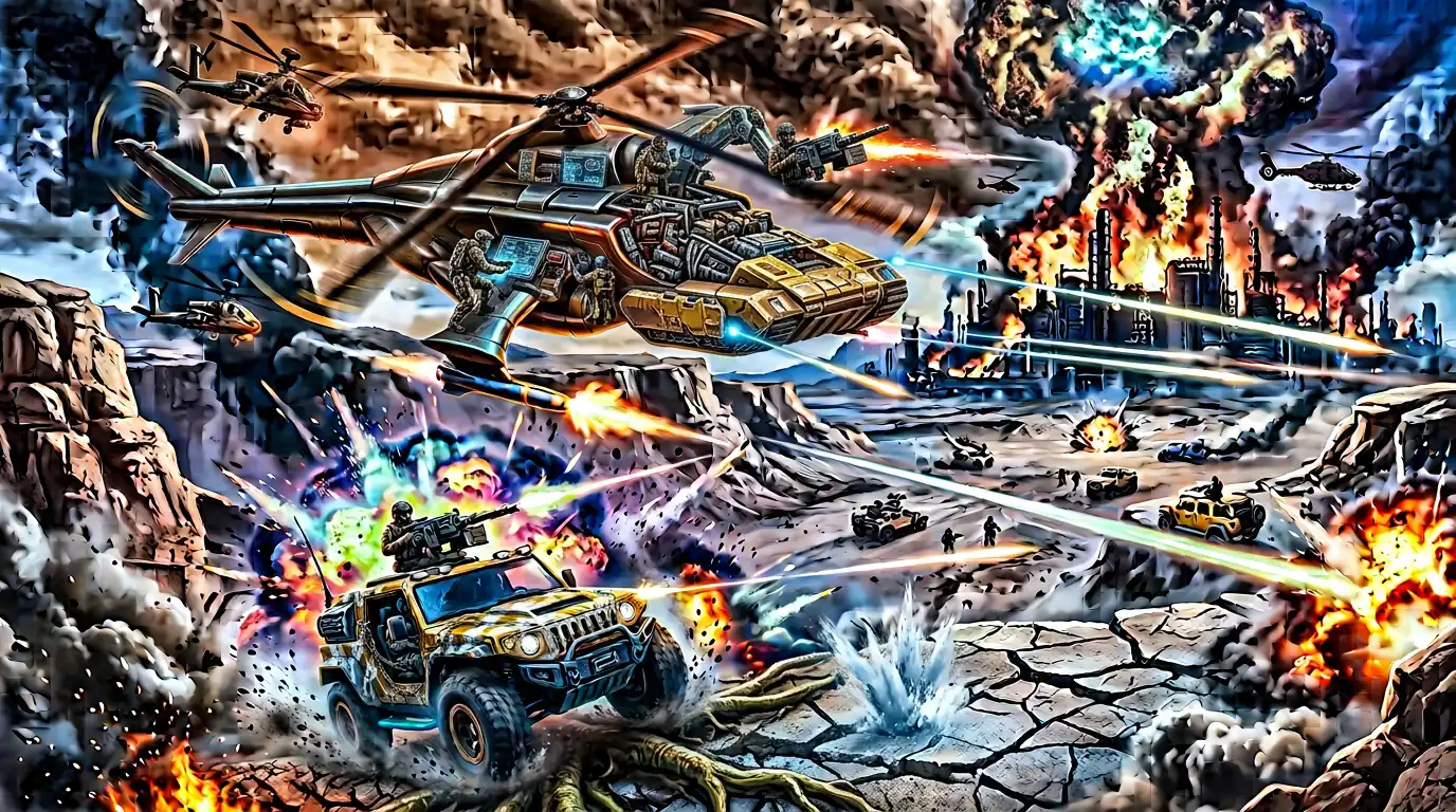 Ilustración del juego: el helicóptero dorado y el jeep con ametralladora atacan en un cañón entre explosiones, con una refinería ardiendo al fondo