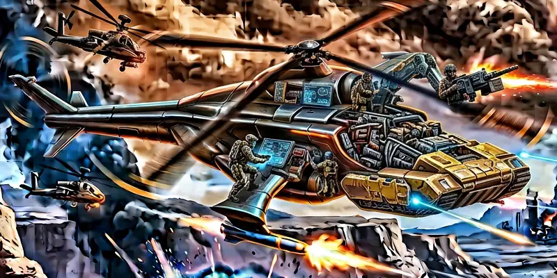 El helicóptero dorado disparando en vuelo