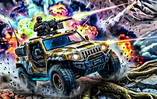 El jeep con ametralladora derrapando entre explosiones
