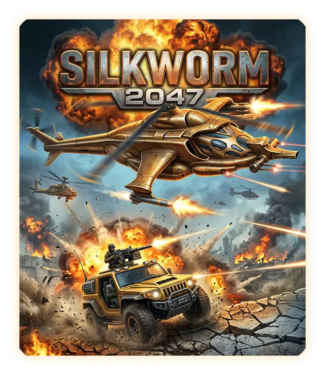 Logotipo de Silkworm 2047: el rótulo metálico, el helicóptero dorado y el jeep entre explosiones